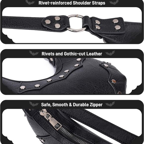 Women's Goth Y2K Mini Purse Small Shoulder Bag with Rivets and Zipper - Picture 4 of 7